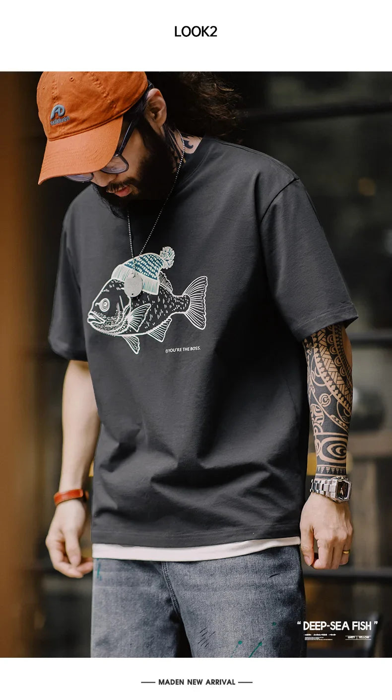 Deep-Sea Fish Printed T-shirt for Men Cotton O-Neck Short Sleeve T Shirts Creative Animal Pattern Tees Summer Casual Tops