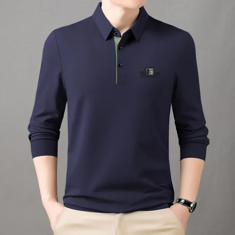 High End Brand Quality Men's Polo Shirt Autumn Exquisite Solid Color Letter Print Lapel Long Sleeve Business Classic Menswear