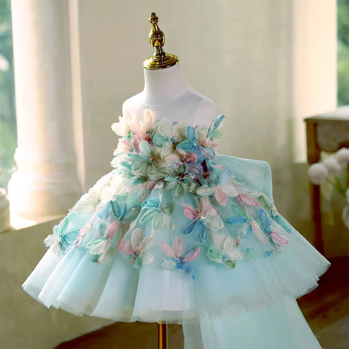 D113 Elegant Turquoise Flower Girl Dress Lace Knee Length Princess Children Wedding 1st Birthday Pageant Party Gown