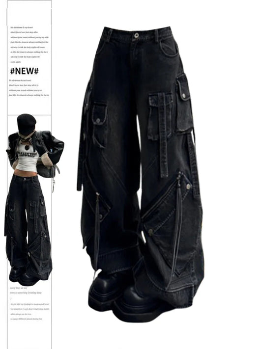 Women's Black Gothic Baggy Cargo Jeans Harajuku Oversize Denim Trousers Y2k 90s Vintage 2000s Emo Jean Pants Trashy Clothes 2024