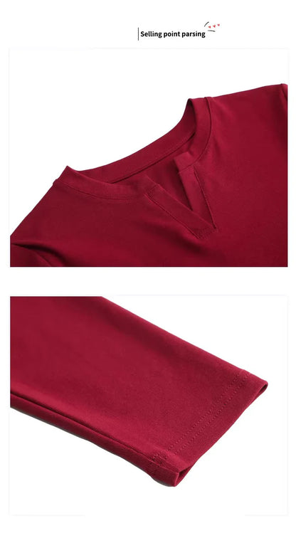 Spring and Autumn All Seasons Women's Long sleeved T-shirt Wine Red Pure Cotton New Fashion Large V-neck Slim fit Casual Top 3XL