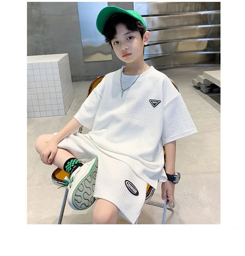 Summer Casual Boys Jacquard Loose T-Shirt Tops+Shorts Pant School Kids 2PCS Tracksuit Child Outfits Student Workout Set 3-14 Yr