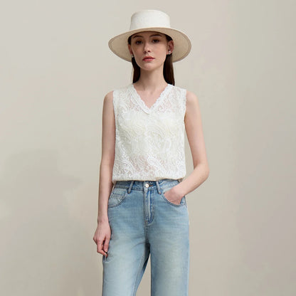 Women's Camisole 2026 Summer New V-Neck Paisley Lace Tank Tops Loose Lightweight Sheer Female Sleeveless Shirt 12652017