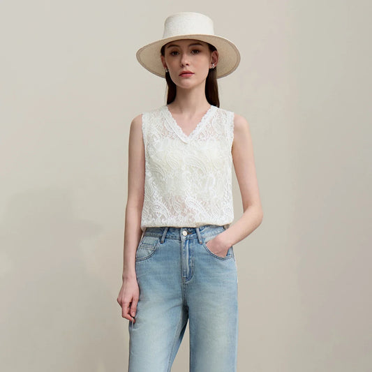 Women's Camisole 2026 Summer New V-Neck Paisley Lace Tank Tops Loose Lightweight Sheer Female Sleeveless Shirt 12652017