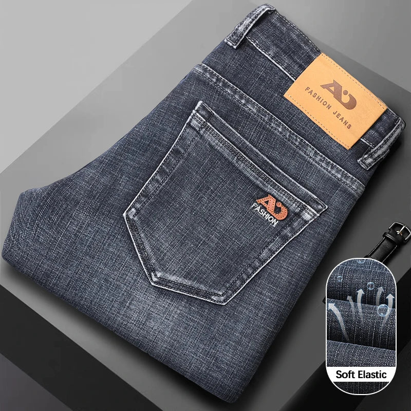 Fashion Light Blue Slim Straight Jeans Men's Spring Autumn Elastic Comfortable Denim Pants Korean Casual Business Trousers