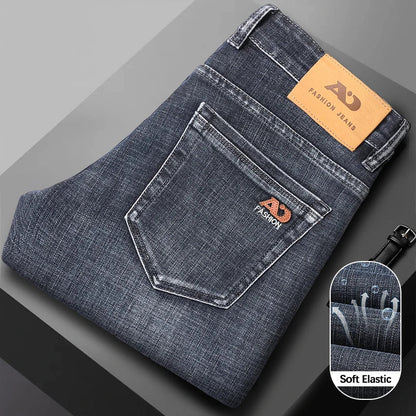 Fashion Light Blue Slim Straight Jeans Men's Spring Autumn Elastic Comfortable Denim Pants Korean Casual Business Trousers