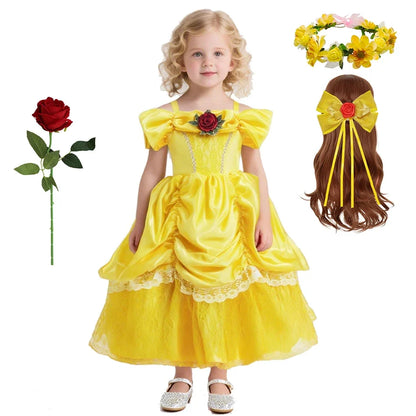 Girl Belle Dress Beauty Cosplay Costume Princess Deluxe Applique Outfit Children Birthday Party Elegant Gown Fairy Disguise Sets