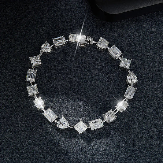 Bracelets irréguliers en moissanite complète pour femme, diamants carrés, cœurs, taille émeraude, forme ovale, bracelets en argent 925