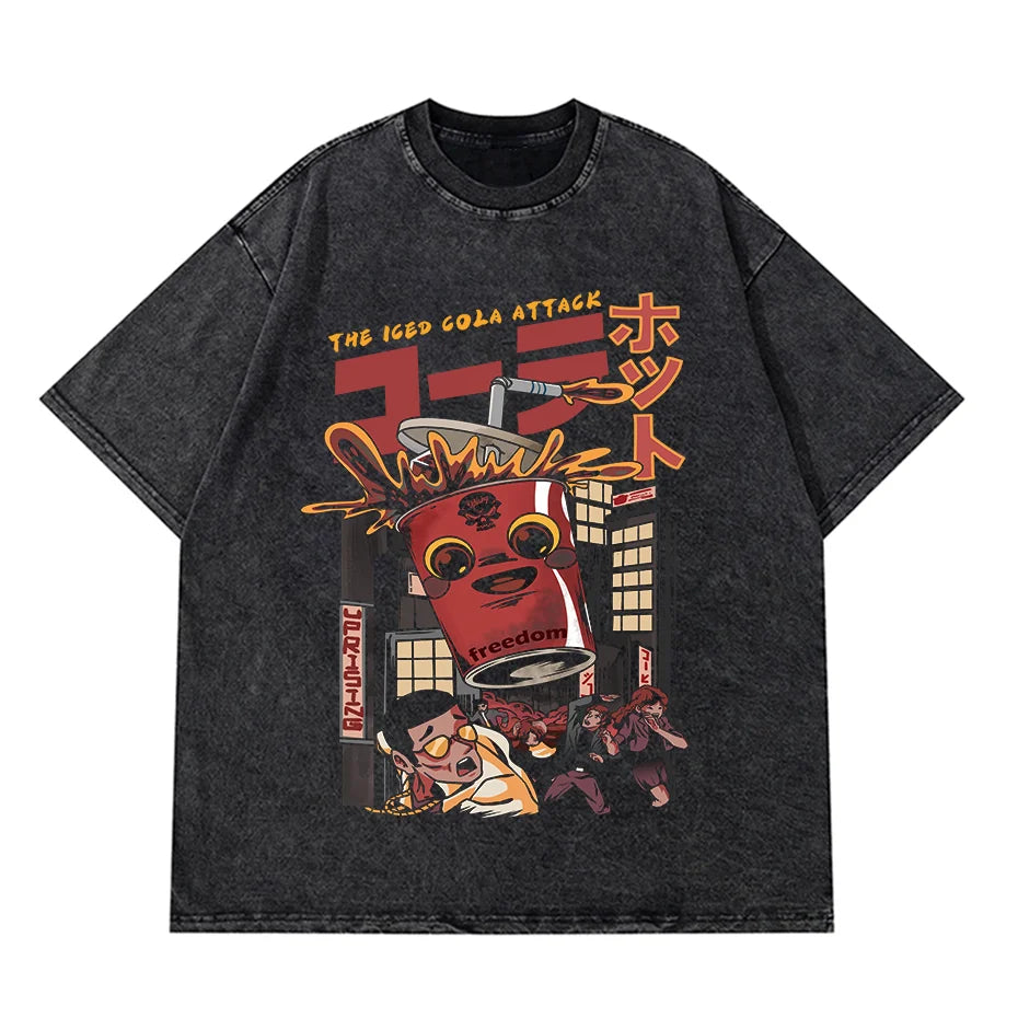 Anime Pain Printed T Shirt Men Retro Washed 100% Cotton Tops Tees Harajuku Tshirt 2023 Streetwear Hip Hop Male T-shirts