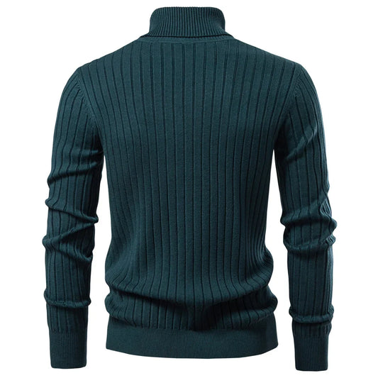 Men's Turtleneck Sweater Solid Color with Striped Pullover Warm Knitwear Winter Basic Casual High Quality Sweater Male