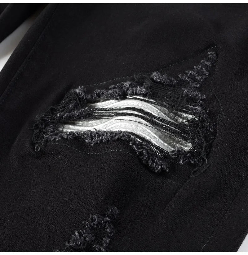 Men Cracked Silver Leather Patch Biker Jeans Streetwear Skinny Tapered Stretch Denim Pants Holes Ripped Patchwork Black Trousers