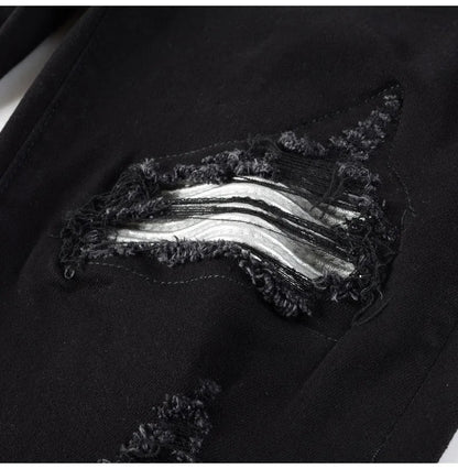 Men Cracked Silver Leather Patch Biker Jeans Streetwear Skinny Tapered Stretch Denim Pants Holes Ripped Patchwork Black Trousers