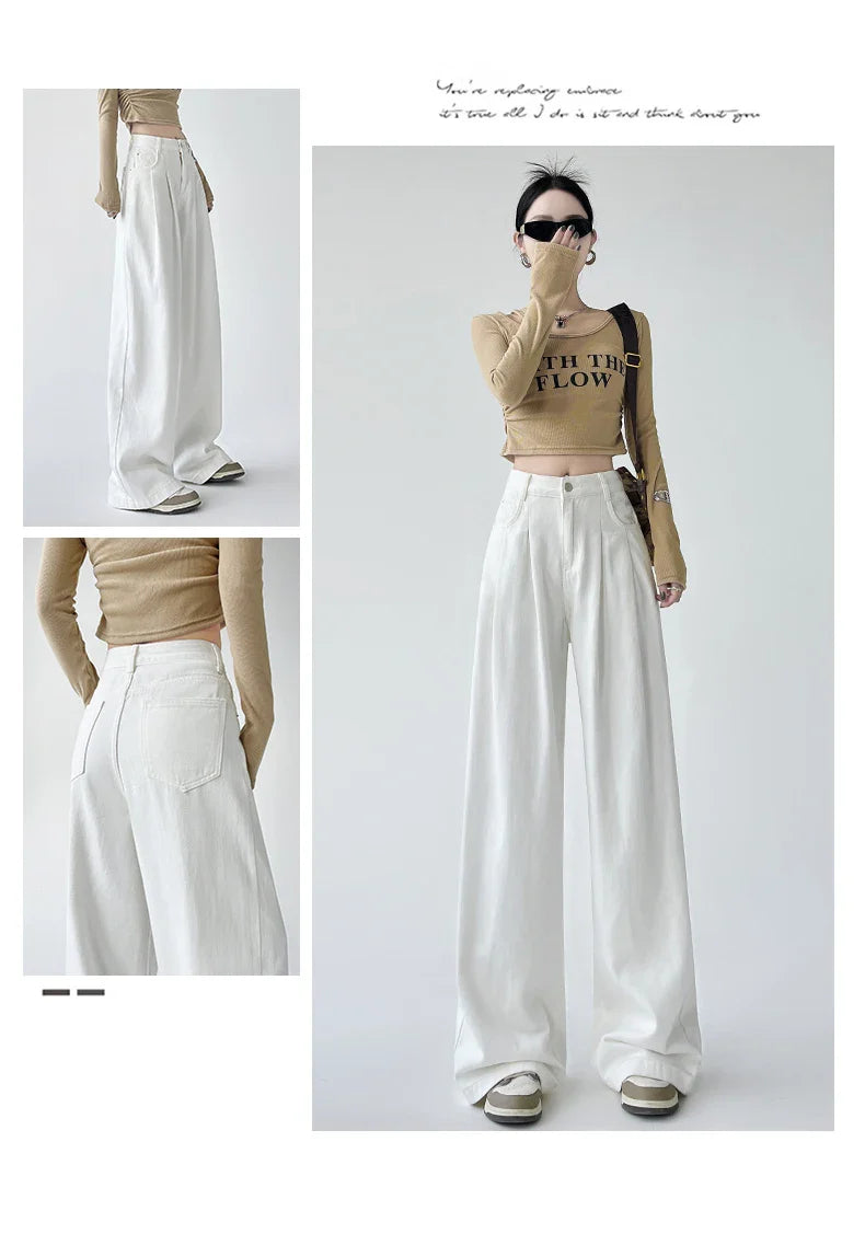 White Thin Pleated High Waist Non-Light Wide Leg Jeans Women's American High-End Loose Straight Lazy Floor-Length Pants