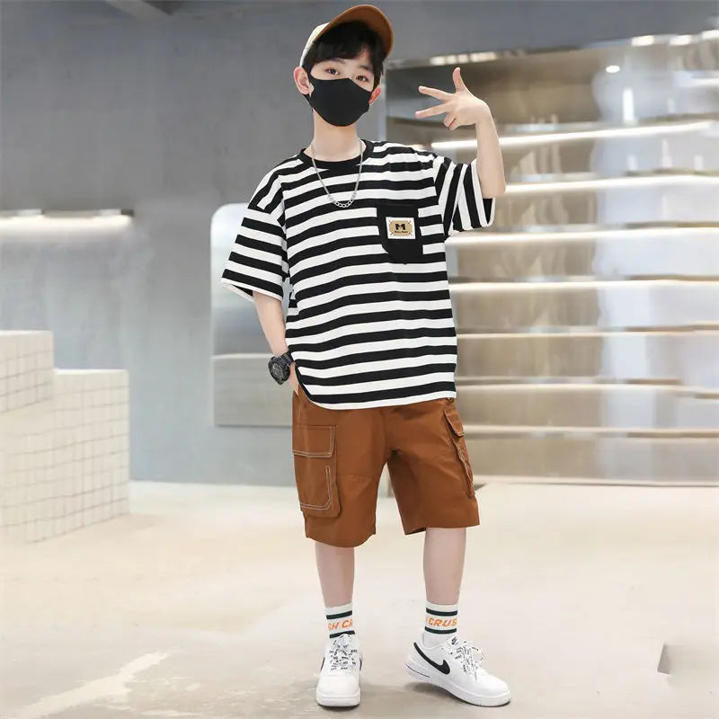 Stripes Children's Outdoor Clothes 4 Years Clothing Suit for Kids Boys Top Bottom Set Junior Shorts Summer Boy Child T-shirt 7 8