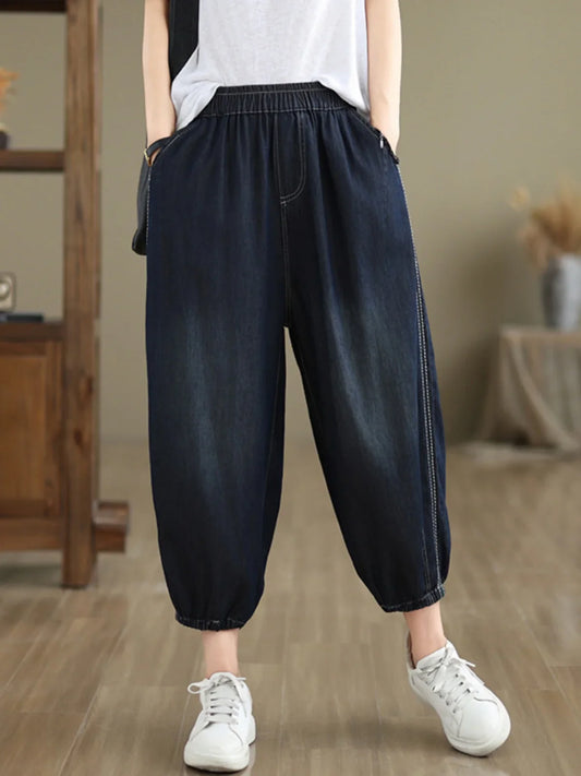 Retro Full Cotton Waed Denim Pants Women Summer Elastic Waist Thin Slimming Lantern Pants Marked Line Nine Points Harlan Pants