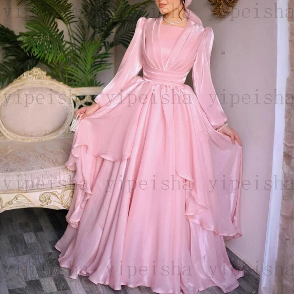 Customized Pink Evening Dresses square collar Full Sleeve Tiered Ruffles organza A-Line Prom Gown Simple Long Dubai Dress