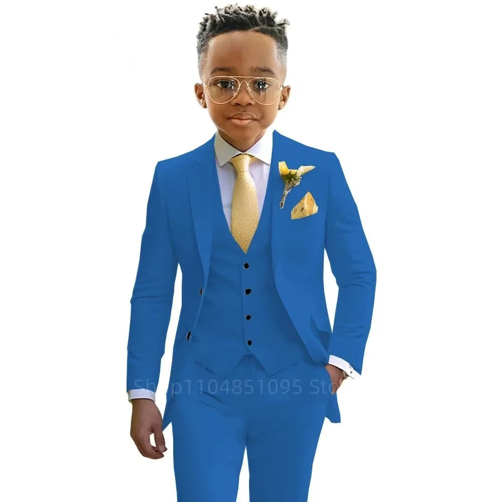 Stylish Boys Suit Wedding Tuxedo Solid Peak Lapel Jacket Vest Pants Party Prom 3 Piece Set Kids Formal Outfit 2-18 Years Old
