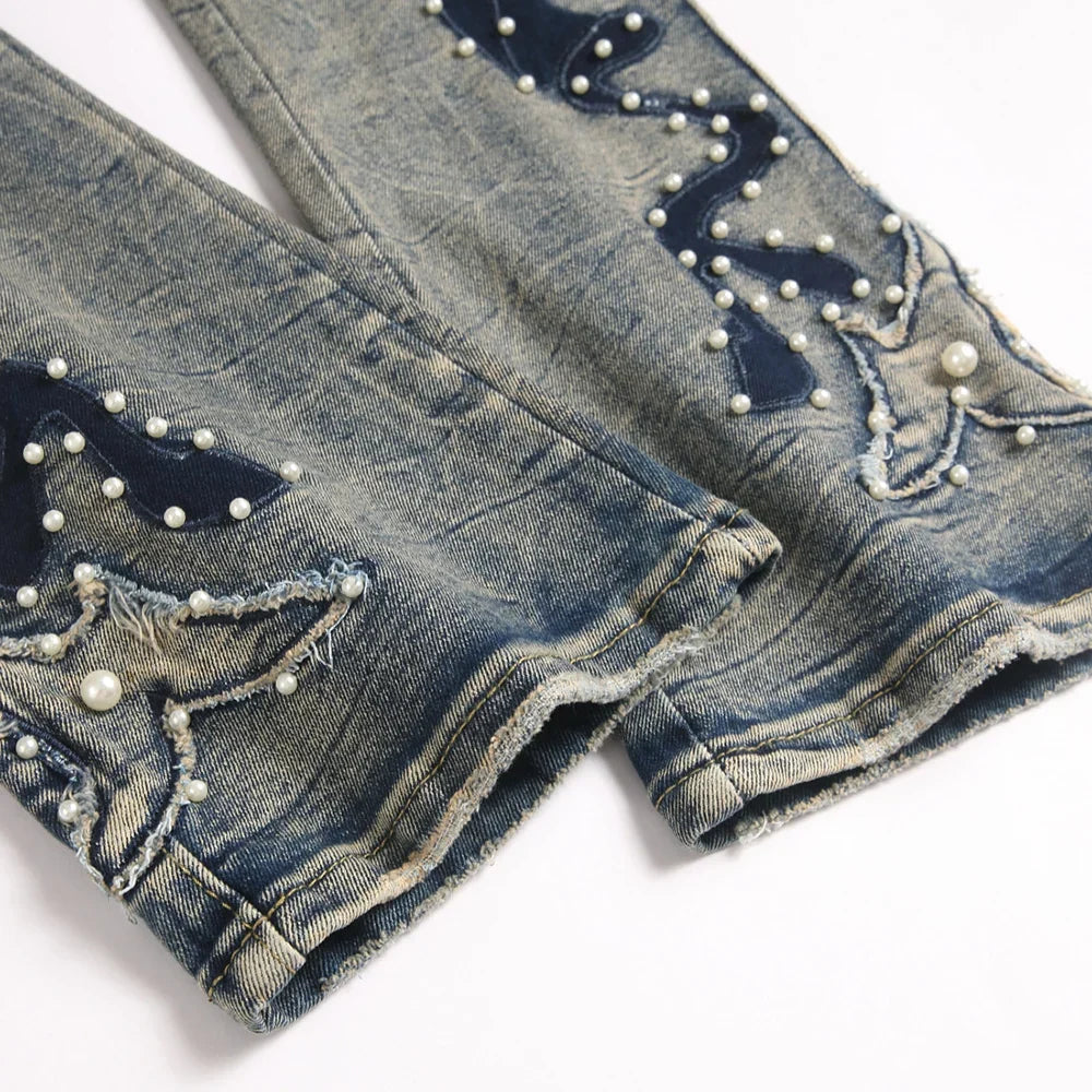 Men's Pearl Boot Cut Denim Jeans Embroidery Patch Slim Flared Pants Casual Streetwear Vintage Blue Trousers