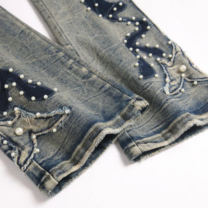 Men's Pearl Boot Cut Denim Jeans Embroidery Patch Slim Flared Pants Casual Streetwear Vintage Blue Trousers
