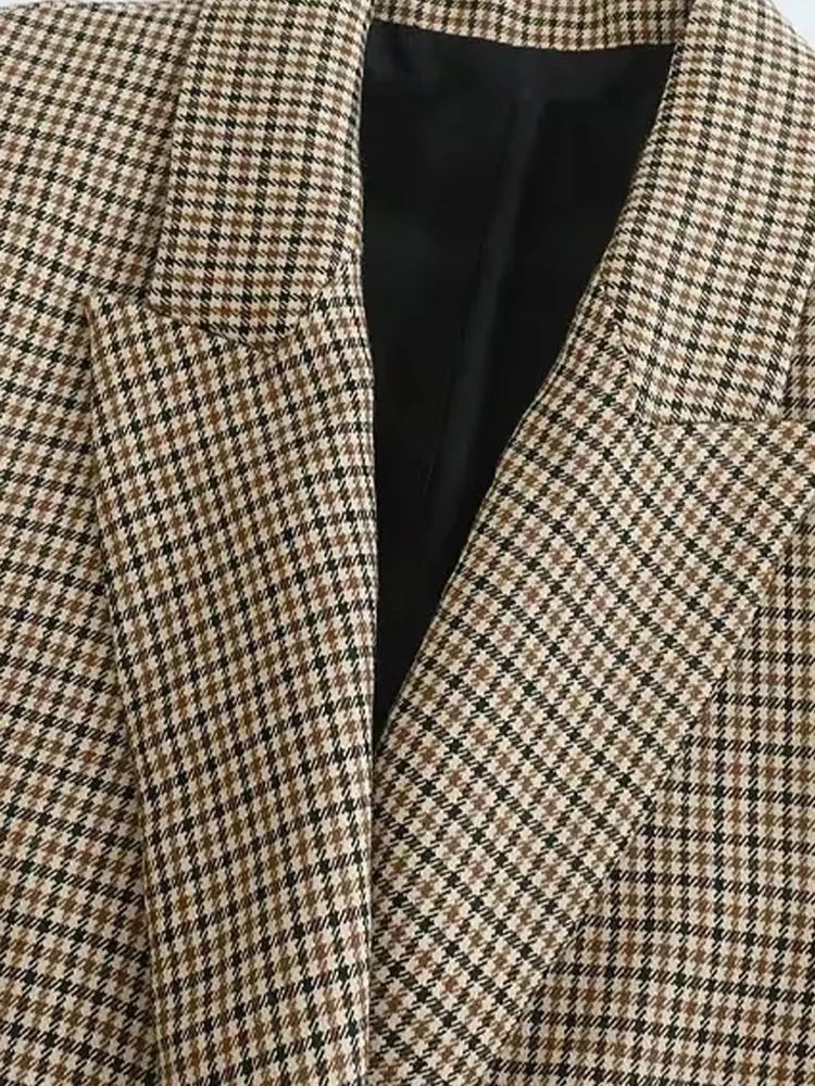 Women Fashion Double Breasted Plaid Blazer Coat Vintage Long Sleeve Flap Pockets Female Outerwear Chic Vestes Femme