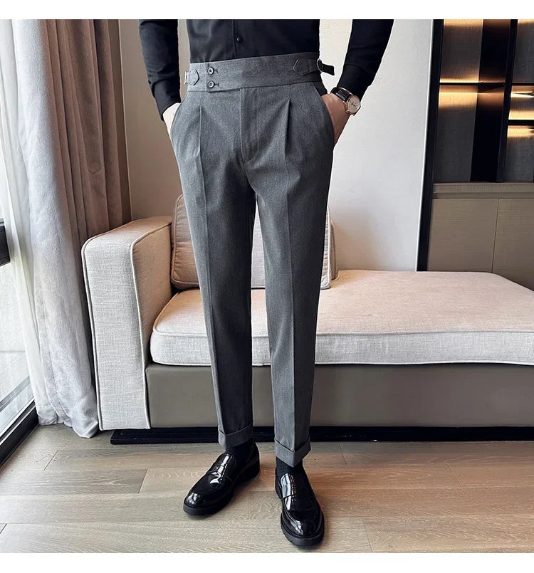 Autumn Winter High Waist Business Dress Pants Men Casual Belt Design Slim Suit Pants Formal Wedding Social Party Male Trousers