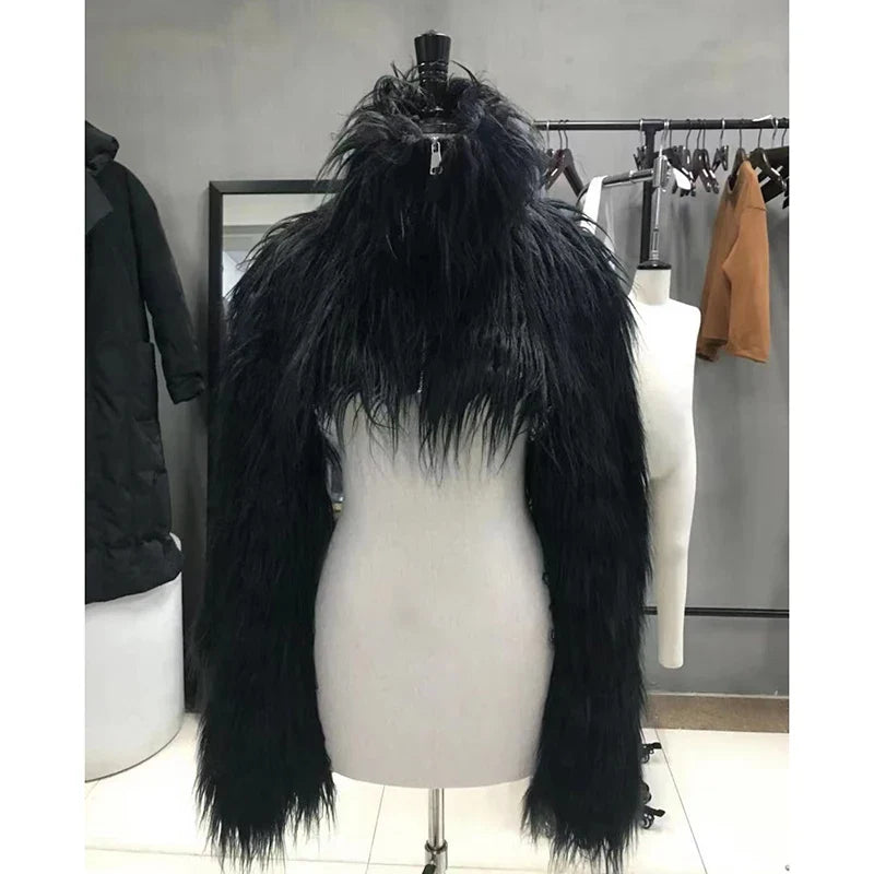 Autumn Winter Thick Warm Hairy Shaggy Cropped Faux Fur Coat Men Luxury Designer Clothes Black Fluffy Jacket 2024