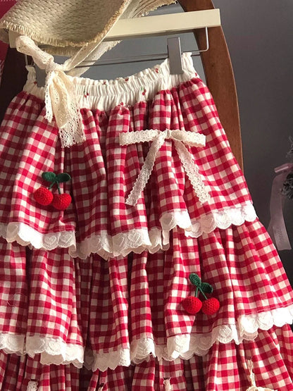 تنورة ميدي كاواي حلوة للنساء بنقشة كاروهات حمراء، تنورة كعكة بتطريز من الدانتيل وفيونكة، تنانير صيف وربيع بستايل بريبي لطيف، تنورة كشكش عالية الخصر عتيقة
