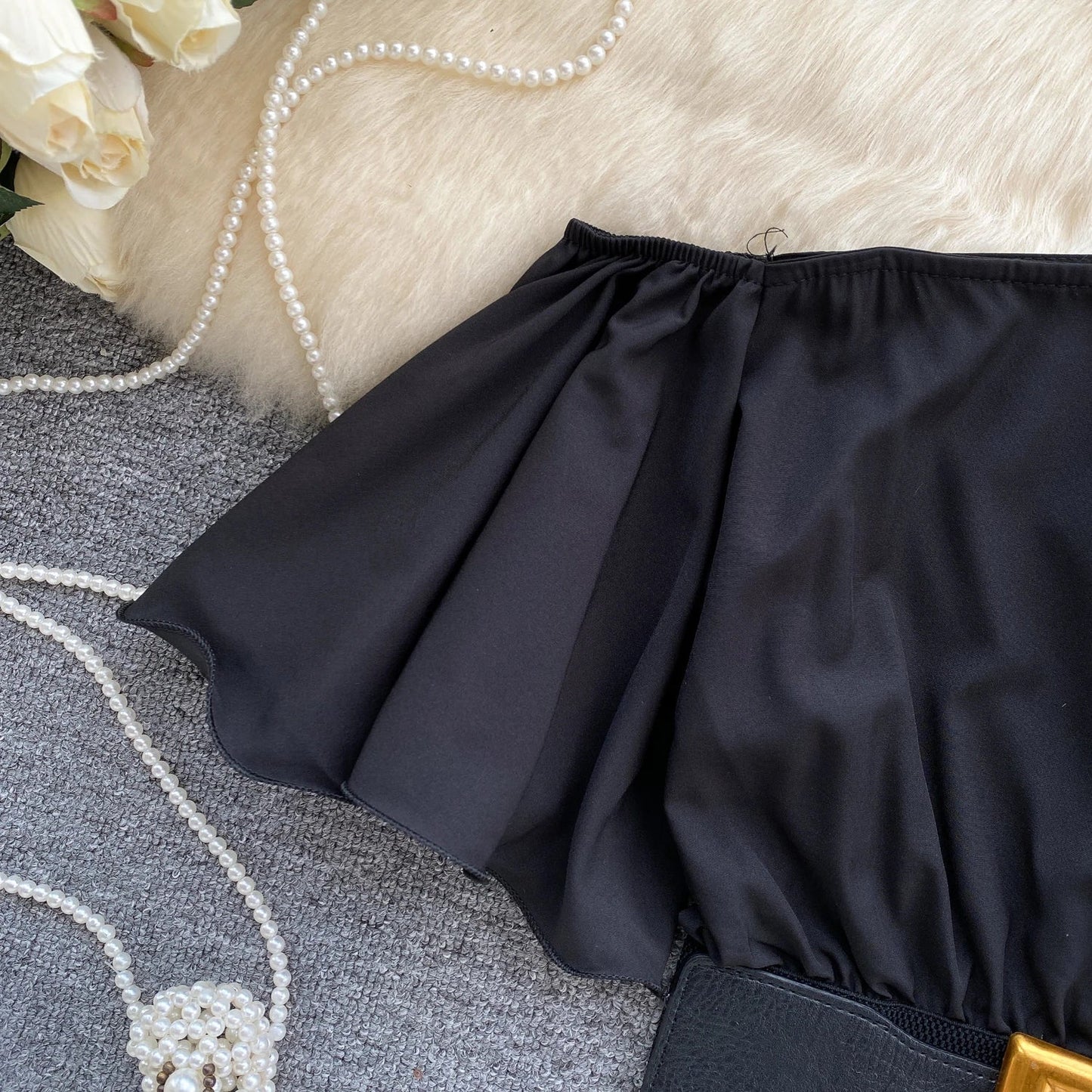 American Chic Blouse for Women Flounced Edge Skew Collar Bare Midriff Belt Skinny Shirts Summer Casual Female Tops Dropshipping