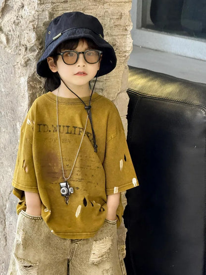 2026 Summer New Boys' Distressed Tie Dye Short Sleeved T-Shirt Junior Sizes Stylish Trendy Kids' Apparel