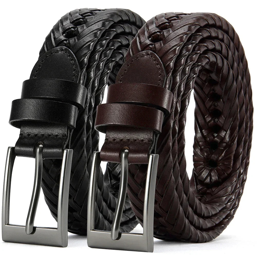 Men Belts Genuine Leather LONG Large Pin Buckle Metal Automatic Buckle High Quality Braided Vintage Casual for Jeans Women Strap