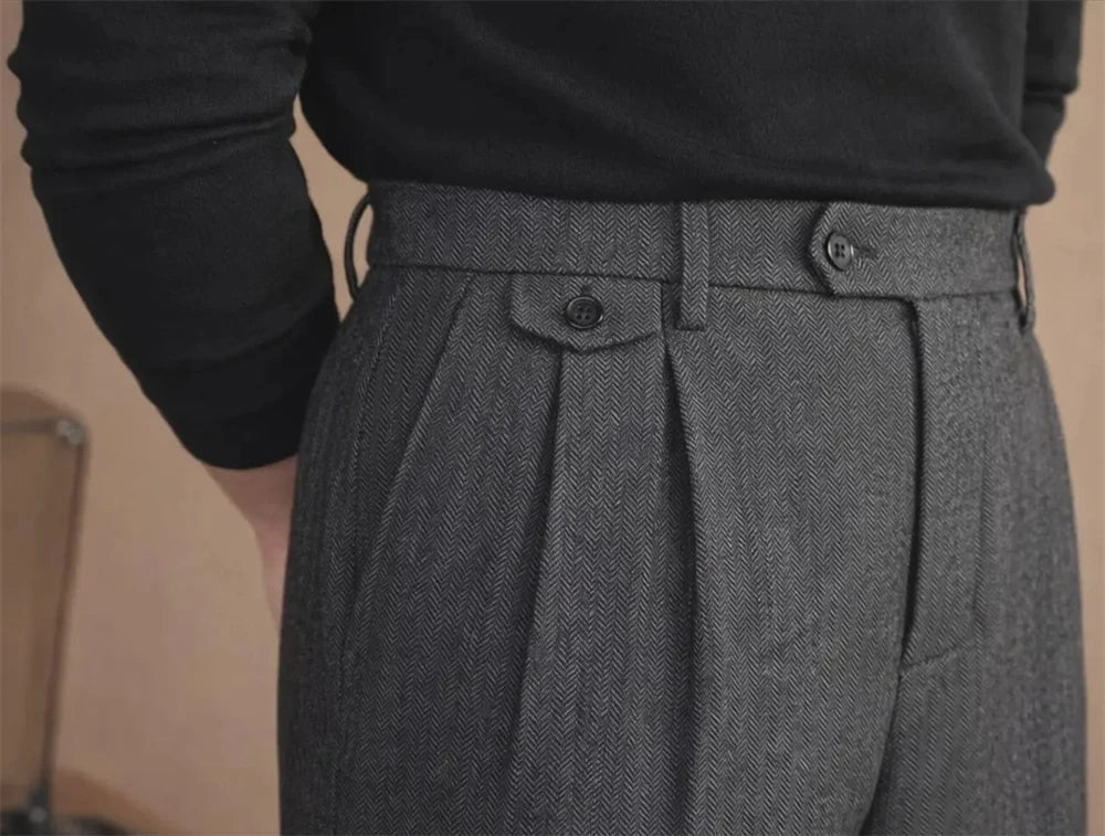 Elegant Men’s Herringbone Suit Pants Vintage British Style Casual  Trousers Tailored Formal Pants