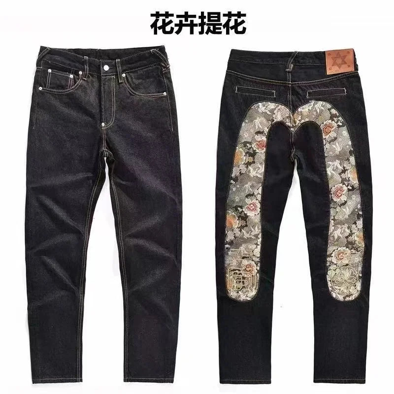 Men's Japanese Handmade Embroidered Jeans Pure Cotton Straight Tube Hip-Hop Popular Slim Red Ears Show Thin Trousers Devil Black