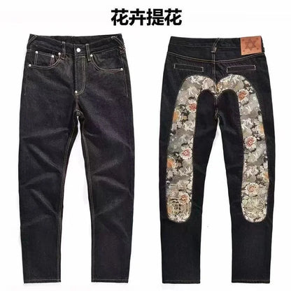 Men's Japanese Handmade Embroidered Jeans Pure Cotton Straight Tube Hip-Hop Popular Slim Red Ears Show Thin Trousers Devil Black