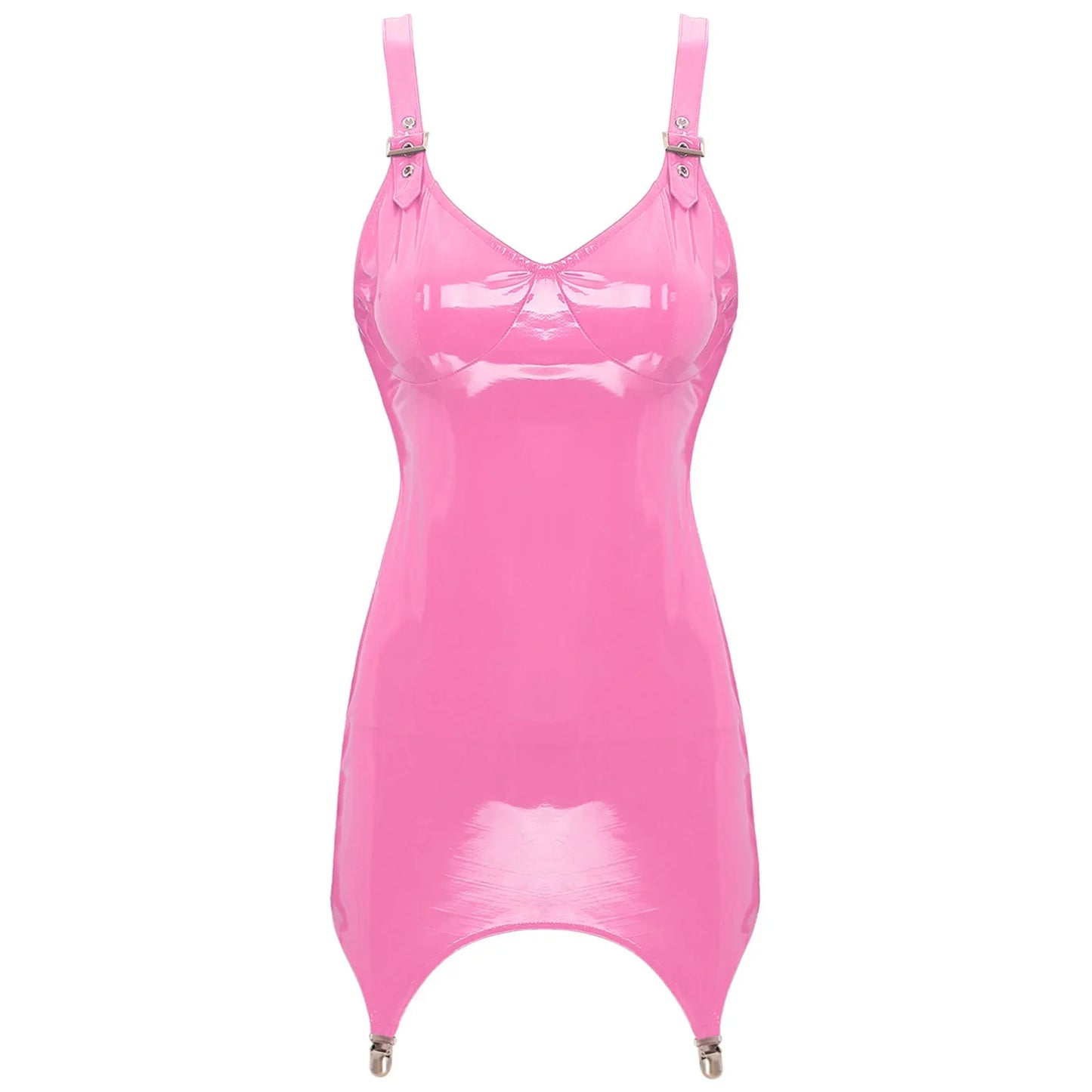 Womens Shiny Metallic PVC Leather V-Neck Mini Dress Chemise Wet Look Night Club Bodycon Babydoll Clubwear with Garter Belt