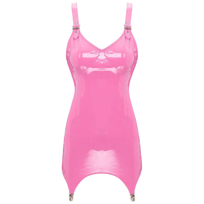Womens Shiny Metallic PVC Leather V-Neck Mini Dress Chemise Wet Look Night Club Bodycon Babydoll Clubwear with Garter Belt