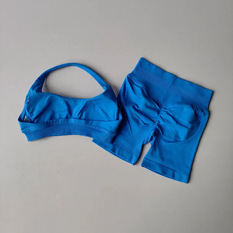 Sexy Halter Neck Beautiful Back High Waist Peach Sports Bras Shorts Suit Pilates Gathering Yoga Vest Training Fitness Bra Sets