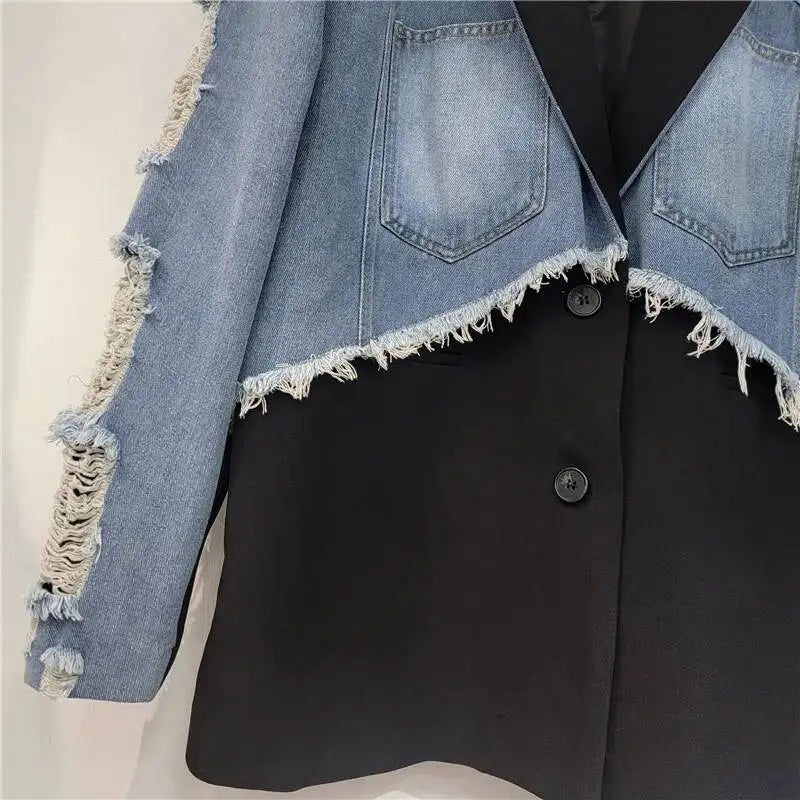 2026 Autumn Elegant Style Faux Two-piece Suit Jacket For Women Raw Edges Ripped Denim Patchwork Loose-fit Blazer 29A9124