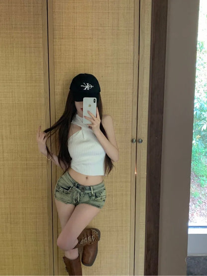 American Retro Low Waist Denim Shorts Women Summer Y2K Slim Fit High Street Hot Pants Y2K Girl Elastic Wrapped Cowboy Jeans