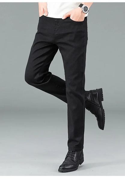 Men's Pure Black Slim Jeans Elastic Straight Pants Business Fashion Leisure Korean Vintage Skinny Small Feet Denim Pants Male