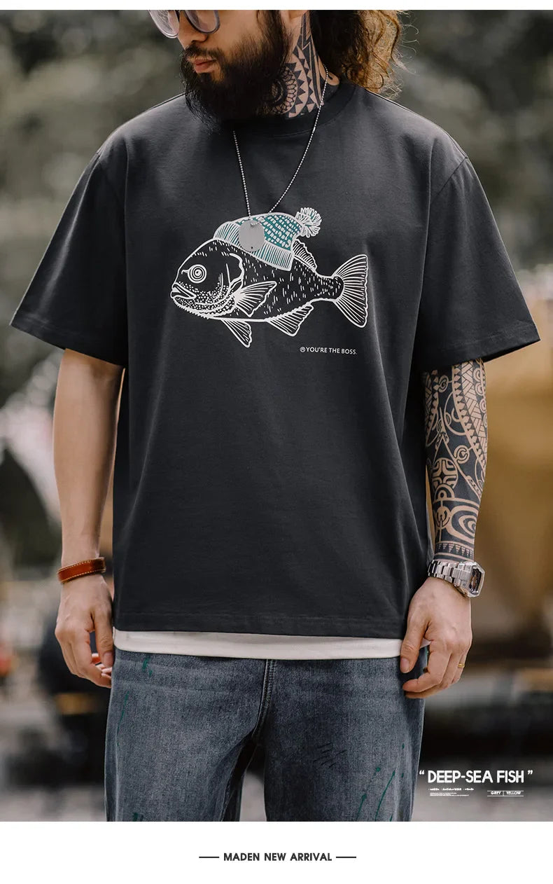 Vintage Flocked Print Short-sleeved T-shirts Animal Pattern Cotton Round Neck Tops for Men's Summer Casual Loose Fit Tee