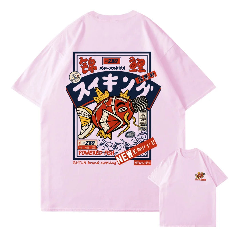 Hip Hop Streetwear Harajuku T-shirt Japanse Kanji Fish Print T-shirt 2024 Mannen Katoen Casual Korte Mouw T-shirt Japan Stijl