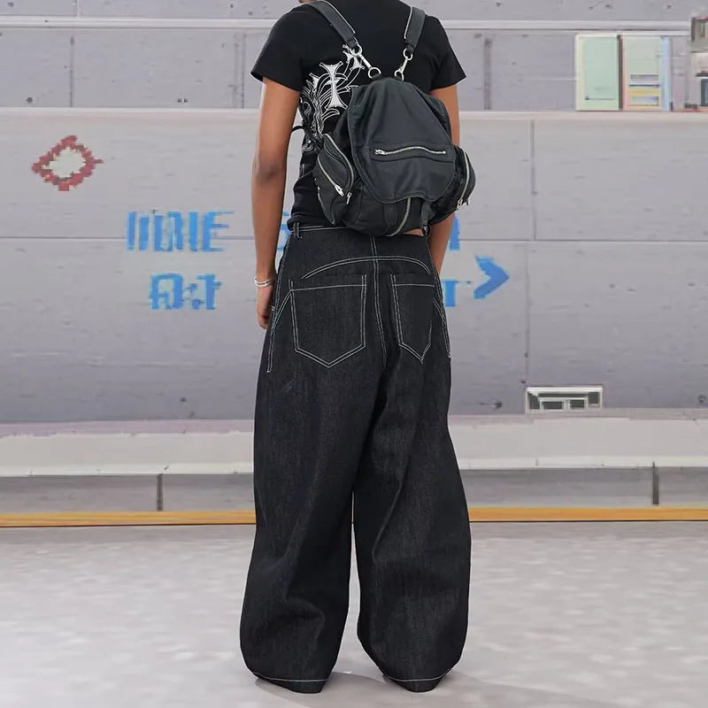 Street Retro Men's Jeans Straight Leg Pants Airplane Buckle Baggy Silhouette Curved Knife Jeans High Waisted Casual Denim Pants