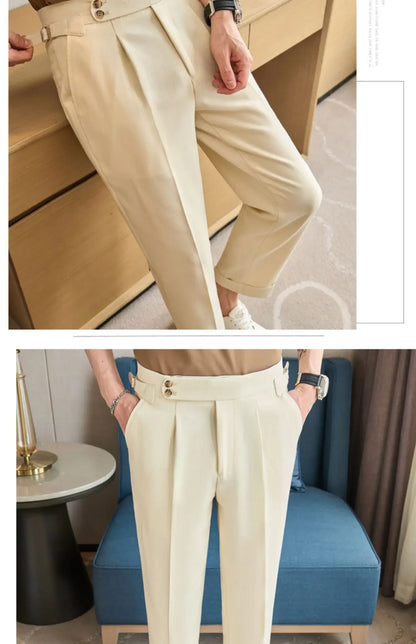 British Style Naples Men's High-end Linen Pants High Waist Straight Slim Fit Casual Trousers High Quality Solid Social Suit Pant