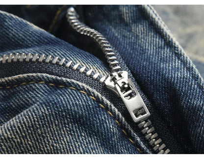 Men's Pearl Boot Cut Denim Jeans Embroidery Patch Slim Flared Pants Casual Streetwear Vintage Blue Trousers