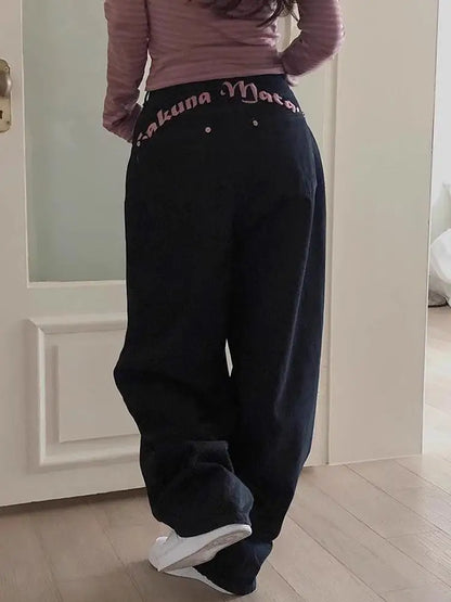 High Waist Bastitch Letter Print Denim Jeans Women's Summer New Sle Sweet Cool Spicy Girl Trendy Long Pants