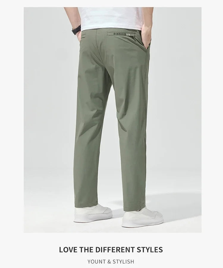 Korean Street Summer Y2K Men's Ice Silk Casual Pants All Match Elastic Sweatpants Office Business Fashion Straight Suit Trousers