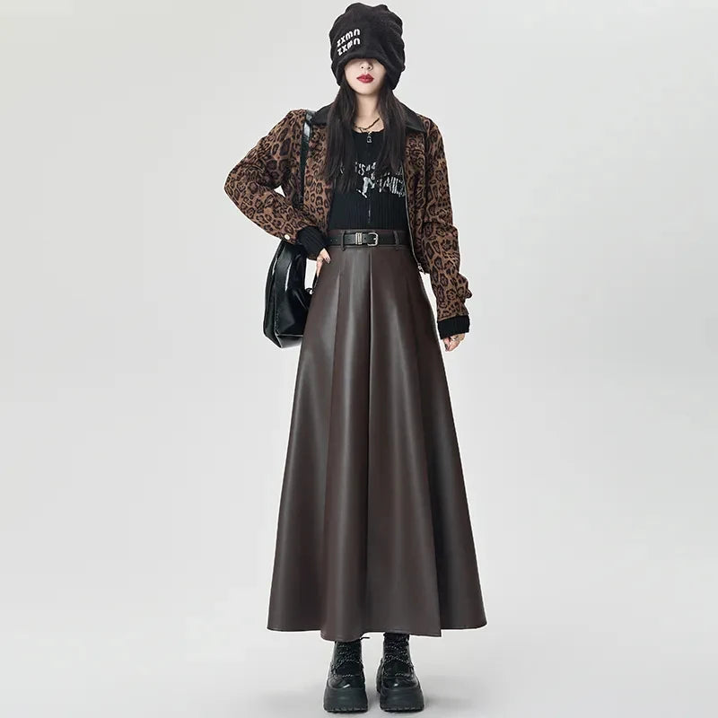 Vintage PU leather women midi skirts Y2K Autumn high waist Streetwear with belt pleated Skirt female elegant Solid A line skirts