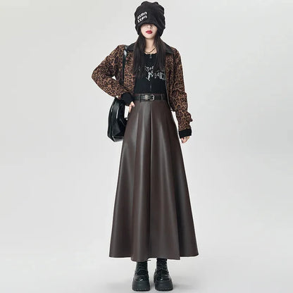 Vintage PU leather women midi skirts Y2K Autumn high waist Streetwear with belt pleated Skirt female elegant Solid A line skirts
