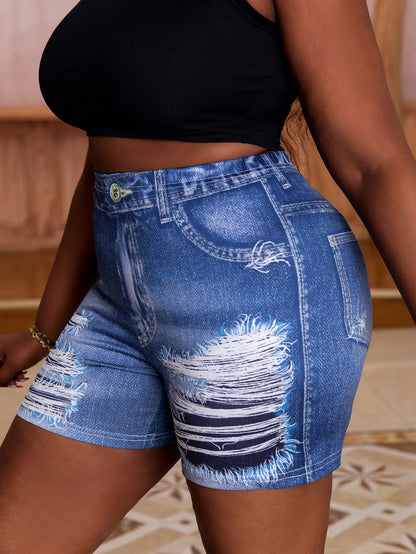 Plus Size Women's Denim-Look Printed Shorts Trendy Ripped Effect Comfortable Tight Fit Casual Chic Summer Hot Pants