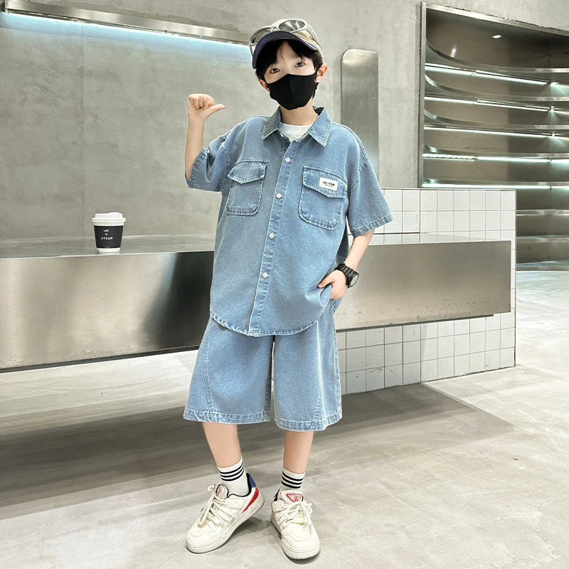 New Casual Kids Child Summer Denim Suit for Teenage Boy High Fashion Short Sleeve Shirt + Shorts 2 Pieces Clothing Set Age 5-14Y
